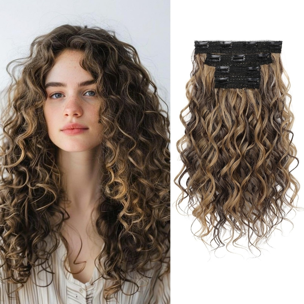 16” Curly Clip-In Hair Extensions • Chocolate Brown & Highlights • 4PCS •‎ New